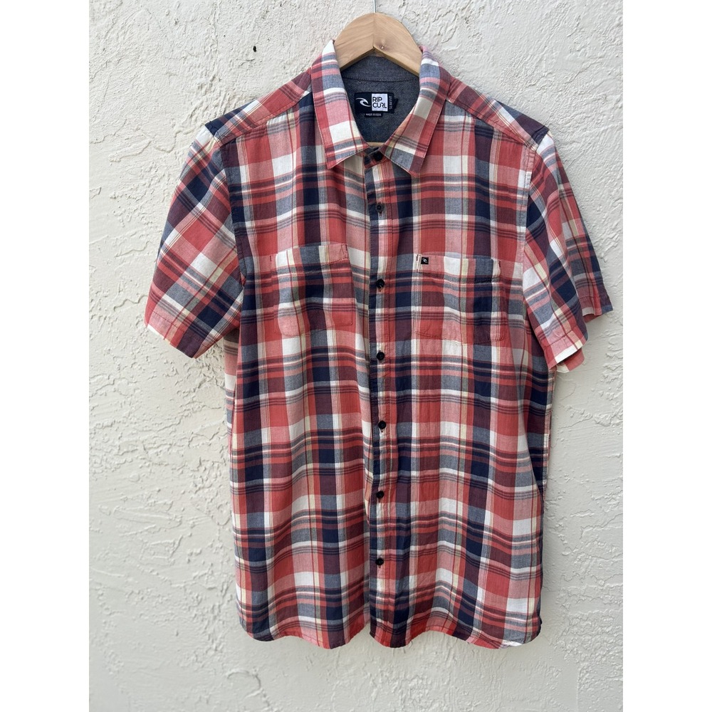 Rip Curl Mens Plaid Short Sleeve Button Down Shirt Red Navy Blue Size Medium